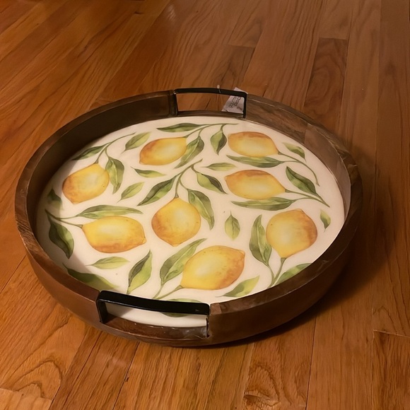 Gourmet Basics Lemon Rotating Tray, wood with iron handles. 16”L X 16”W X 2.75”H - Picture 12 of 17
